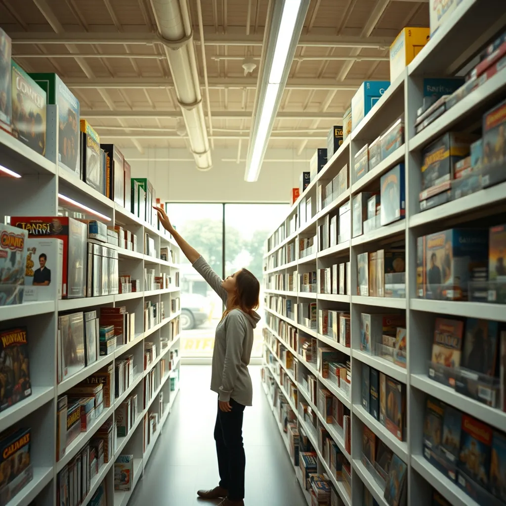 Un aficionado explorando las estanterías de una tienda de juegos de mesa moderna
