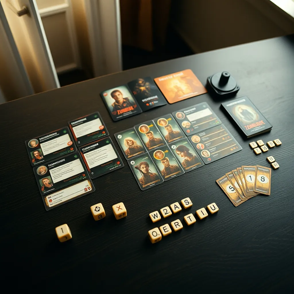 Componentes de Zombicide organizados: dashboards, dados y fichas de equipo