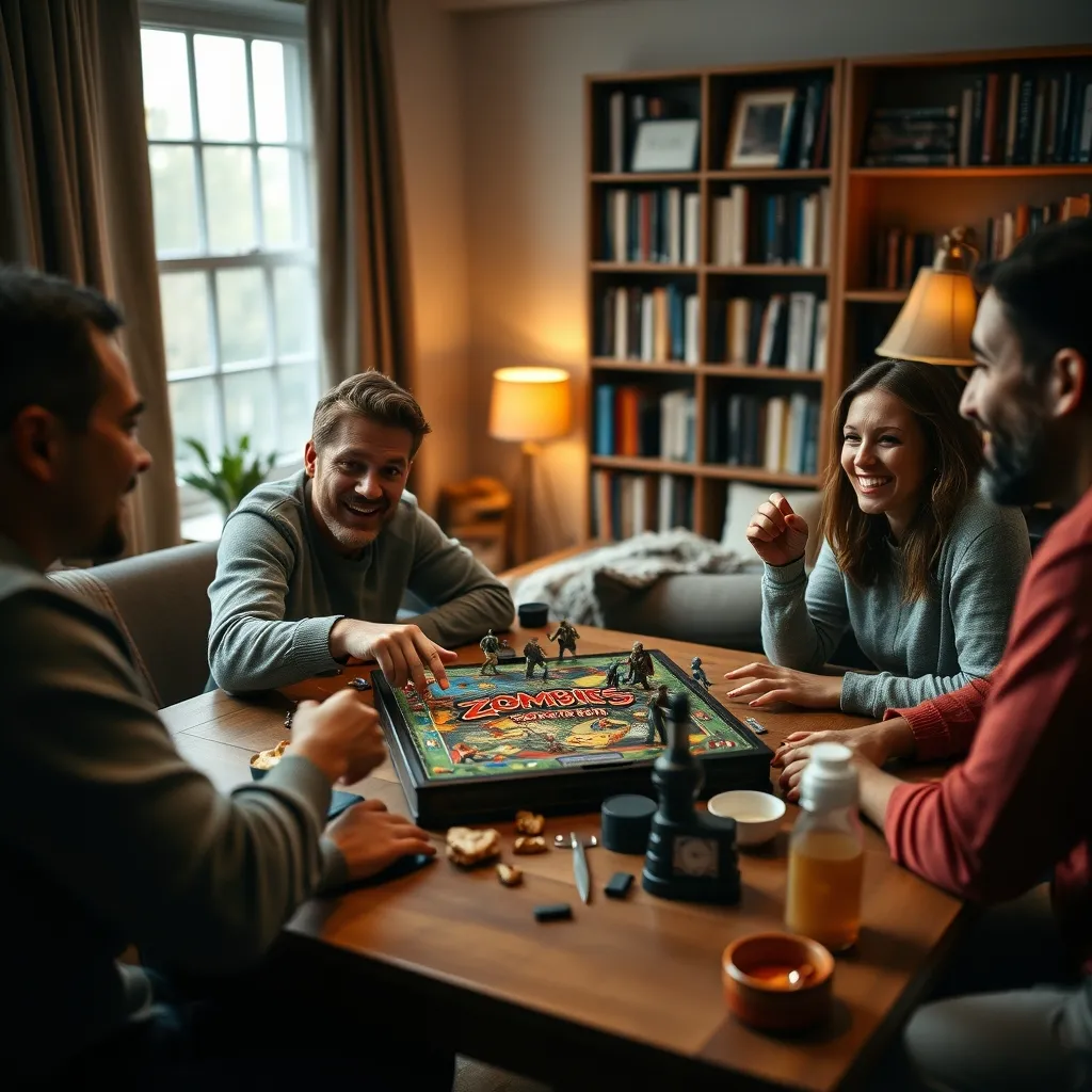 Grupo de amigos disfrutando de una intensa partida de Zombicide en casa