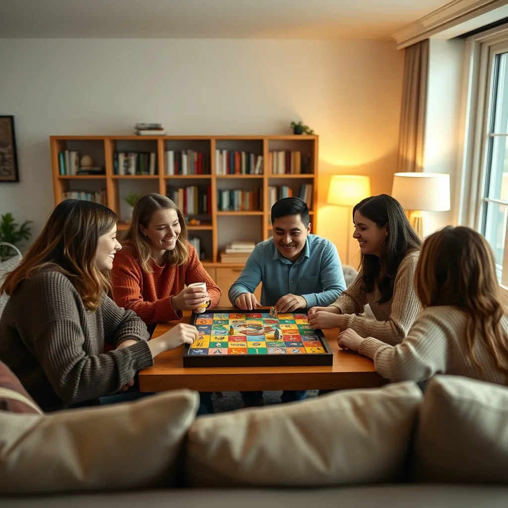 Una partida de juego de mesa económico entre amigos, capturando el espíritu negociador de Capitolio