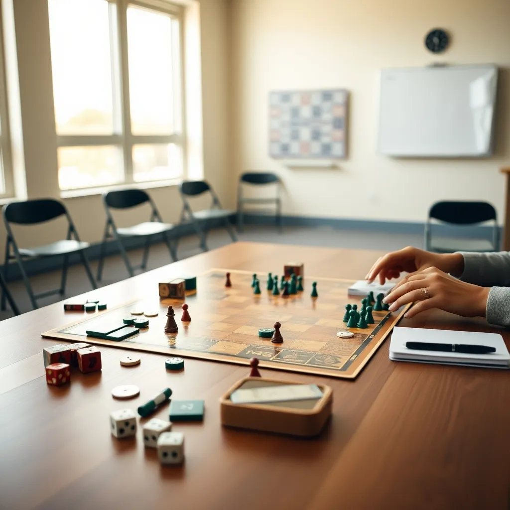 Preparación de una sesión de club con componentes de juego organizados sobre la mesa