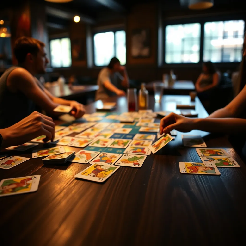 Cartas ilustradas de un juego de deducción social durante una partida de club