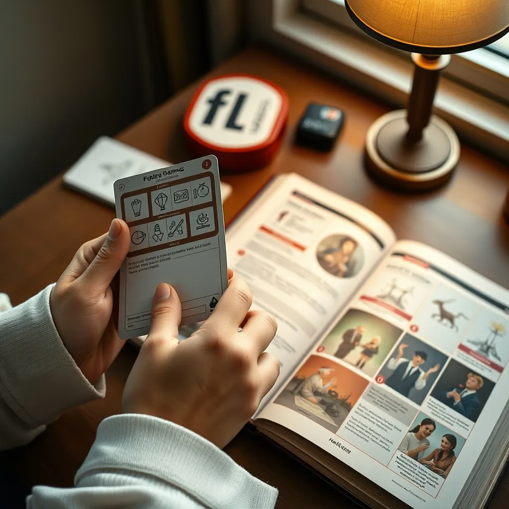 Tarjeta de referencia visual junto a un reglamento ilustrado de juego de cartas