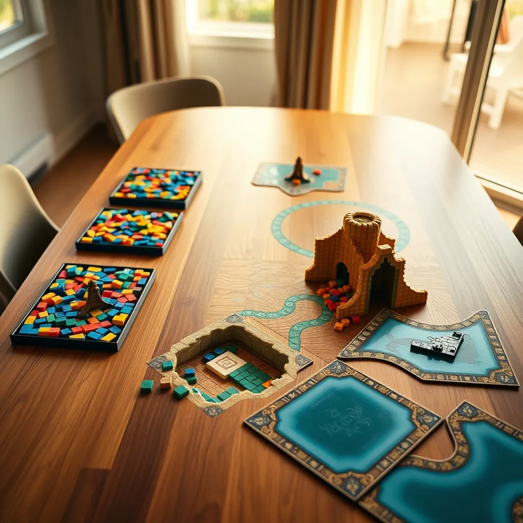 Vista cenital de una partida de Azul con los platos de fábrica y tableros de jugador