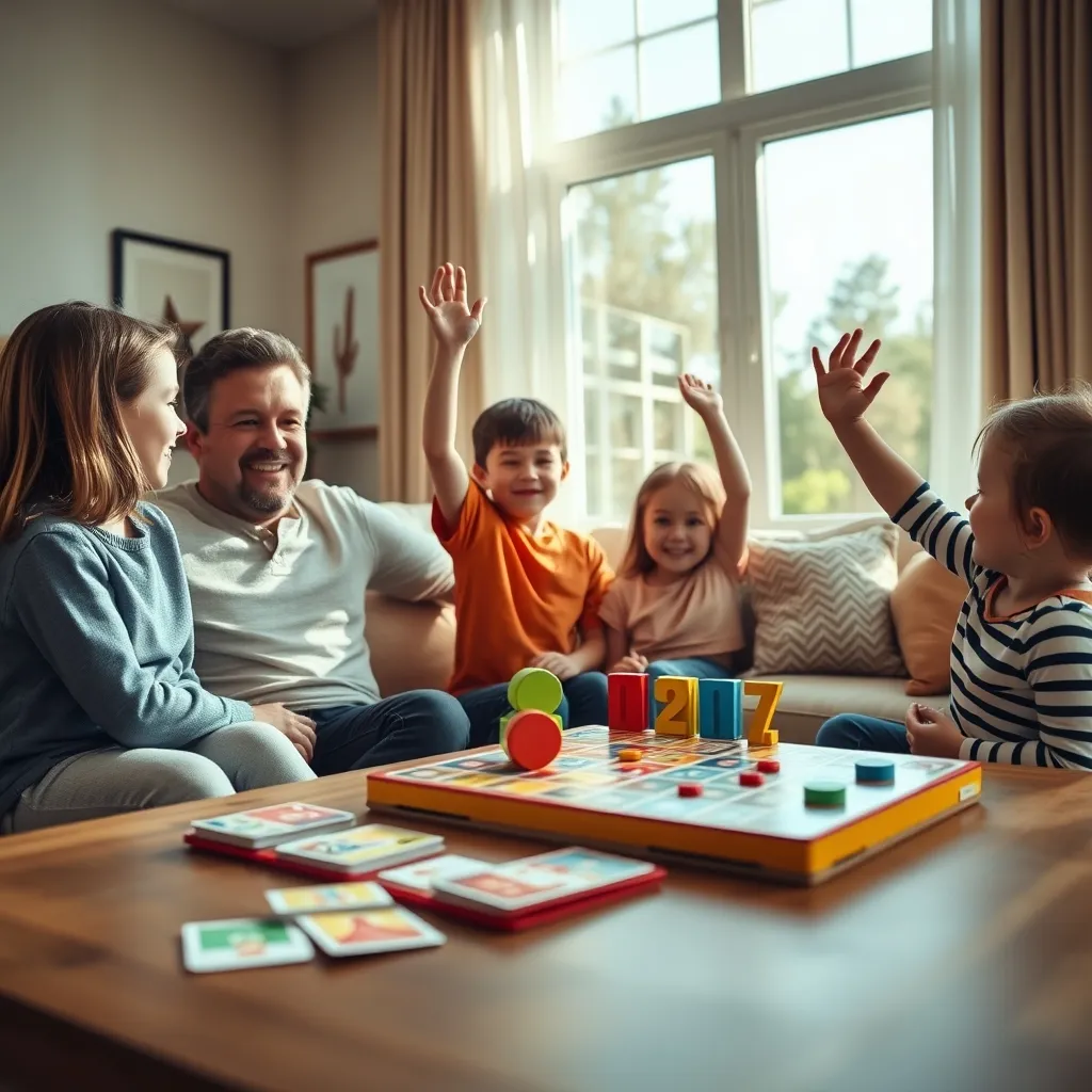 Familia jugando a un juego de preguntas adaptado para todas las edades
