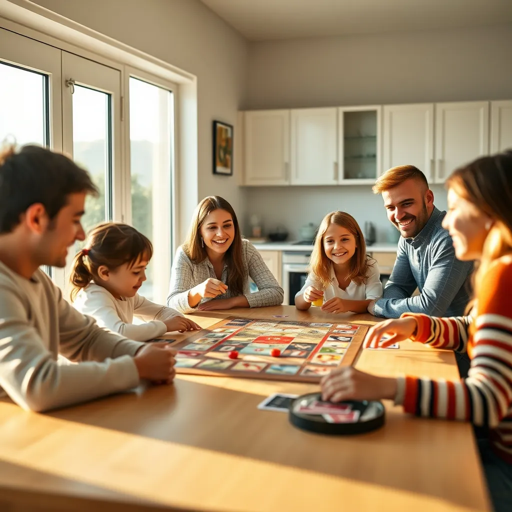Familia disfrutando de una partida de un juego de mesa de cartas coleccionables