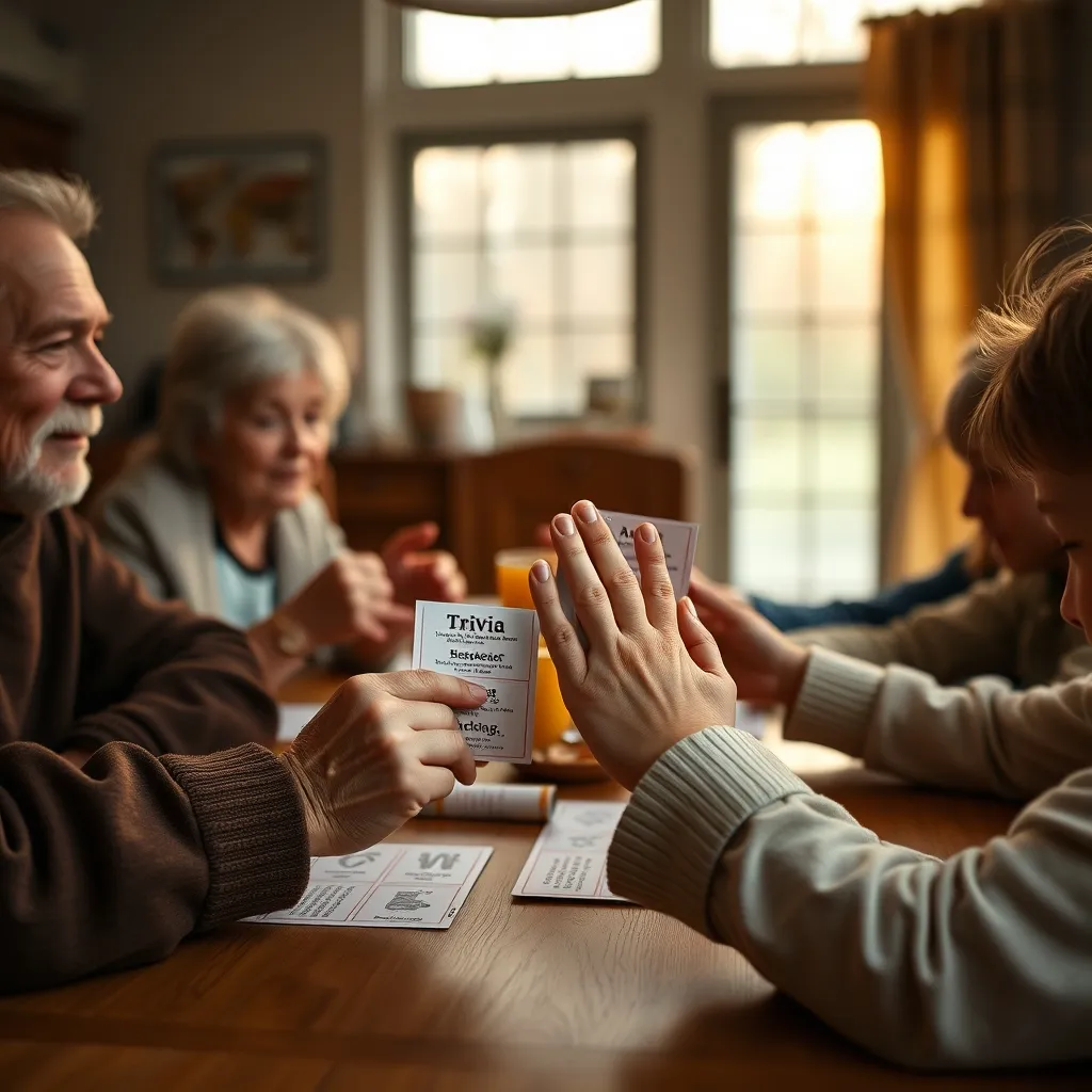 Manos de distintas generaciones jugando juntas a un juego de preguntas