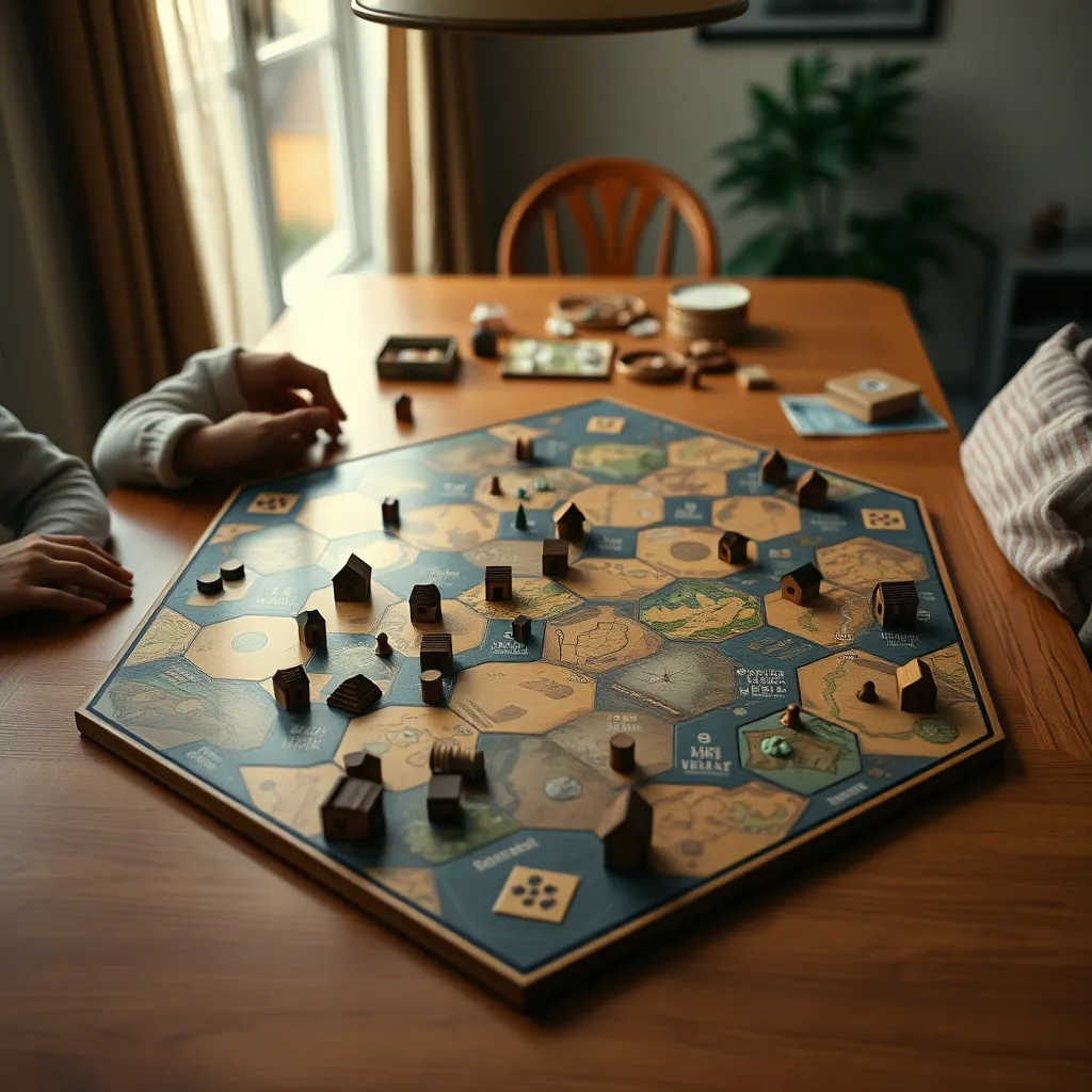 Tablero de un juego de estrategia con piezas de recursos y asentamientos en plena partida