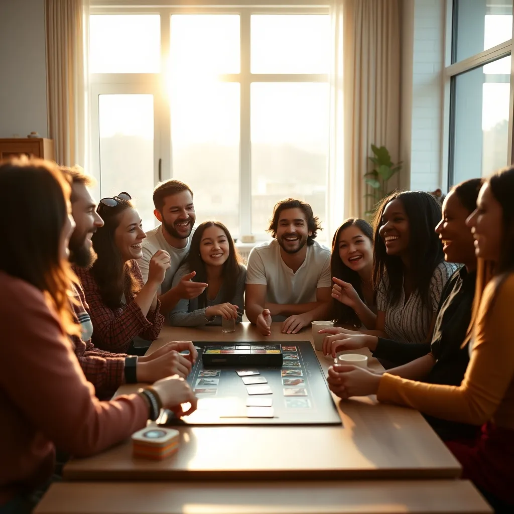 Amigos disfrutando de un juego de mesa de fiesta con risas y competición sana