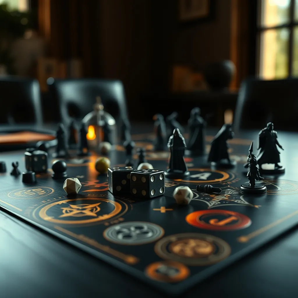 Dados y miniaturas sobre un tablero de juego con temática de fantasía
