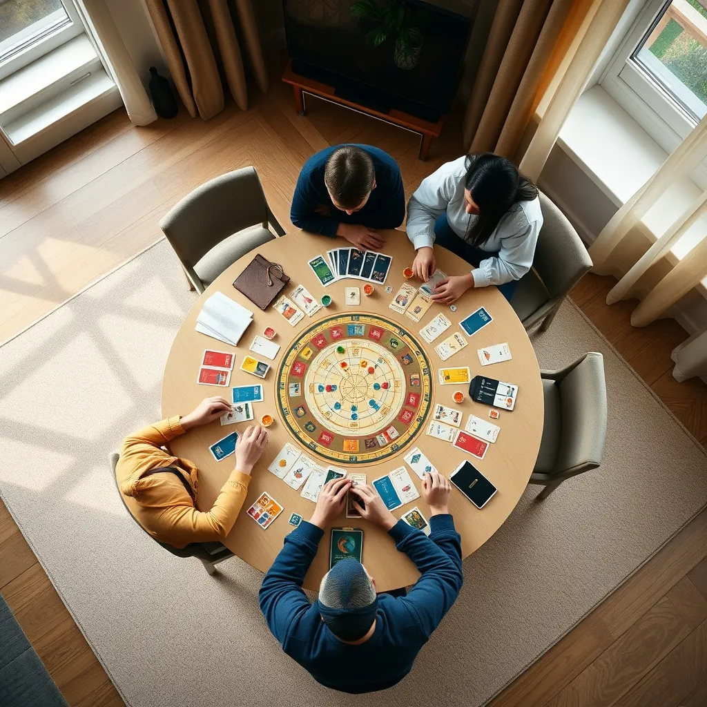 Vista cenital de una mesa redonda con un juego de mesa en plena partida