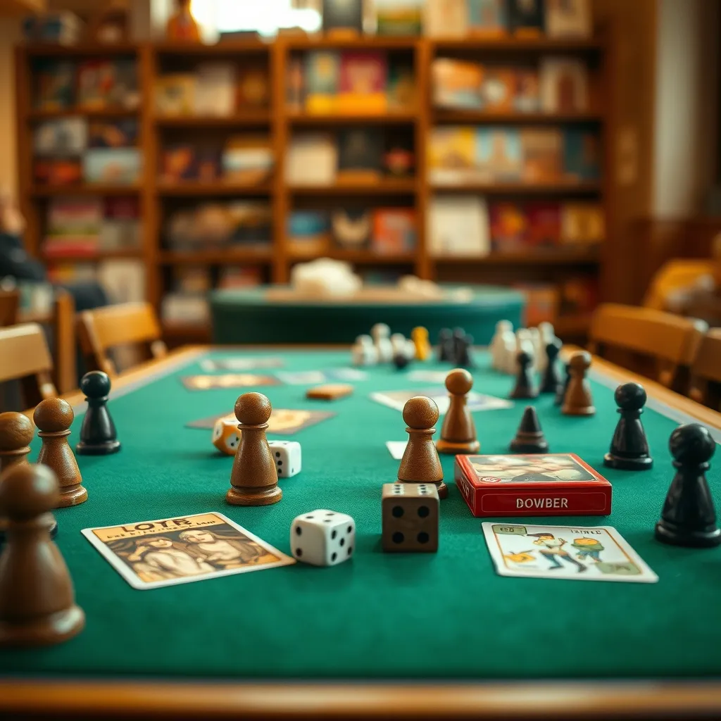 Componentes de juegos de mesa sobre tapete de fieltro en un café lúdico