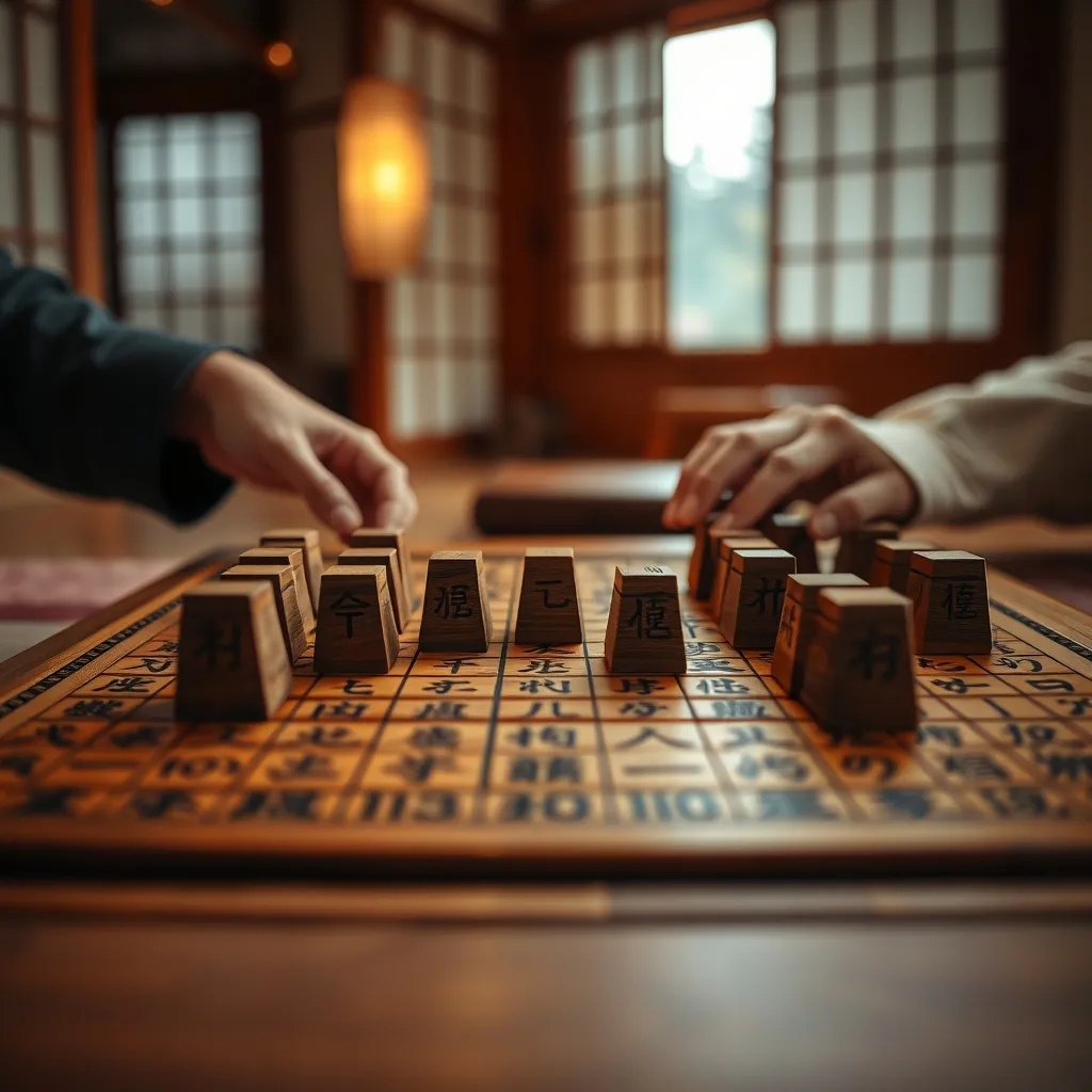 Piezas de Shogi talladas en madera sobre tablero tradicional japonés