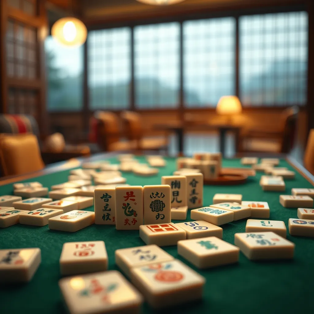 Fichas de Mahjong japonés Riichi desplegadas sobre tapete verde