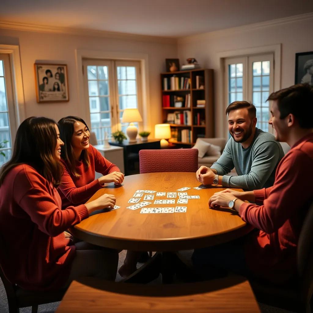 Grupo de amigos disfrutando de una noche de juegos con cartas de casino en casa