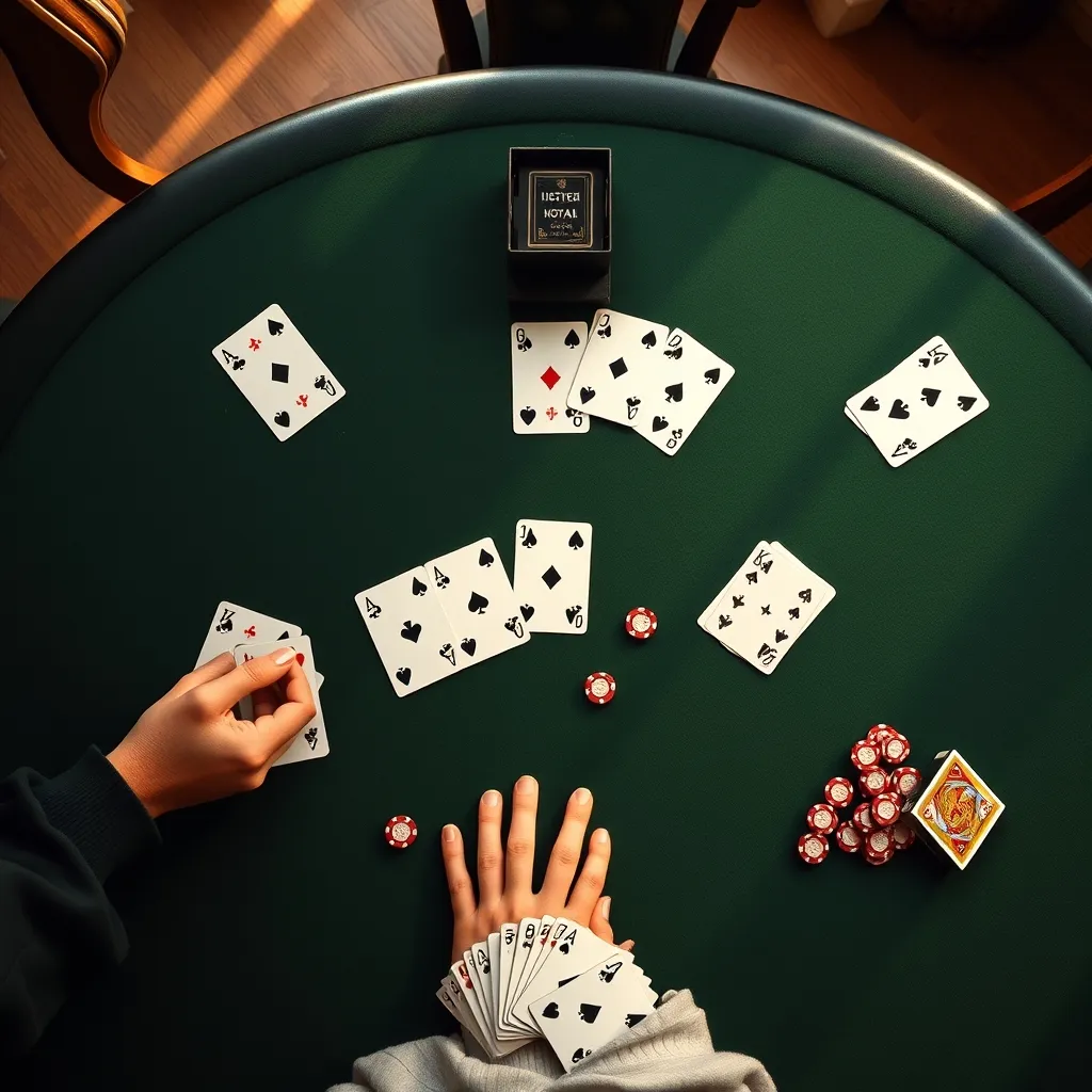 Vista cenital de una mesa preparada para jugar diferentes juegos con cartas de casino