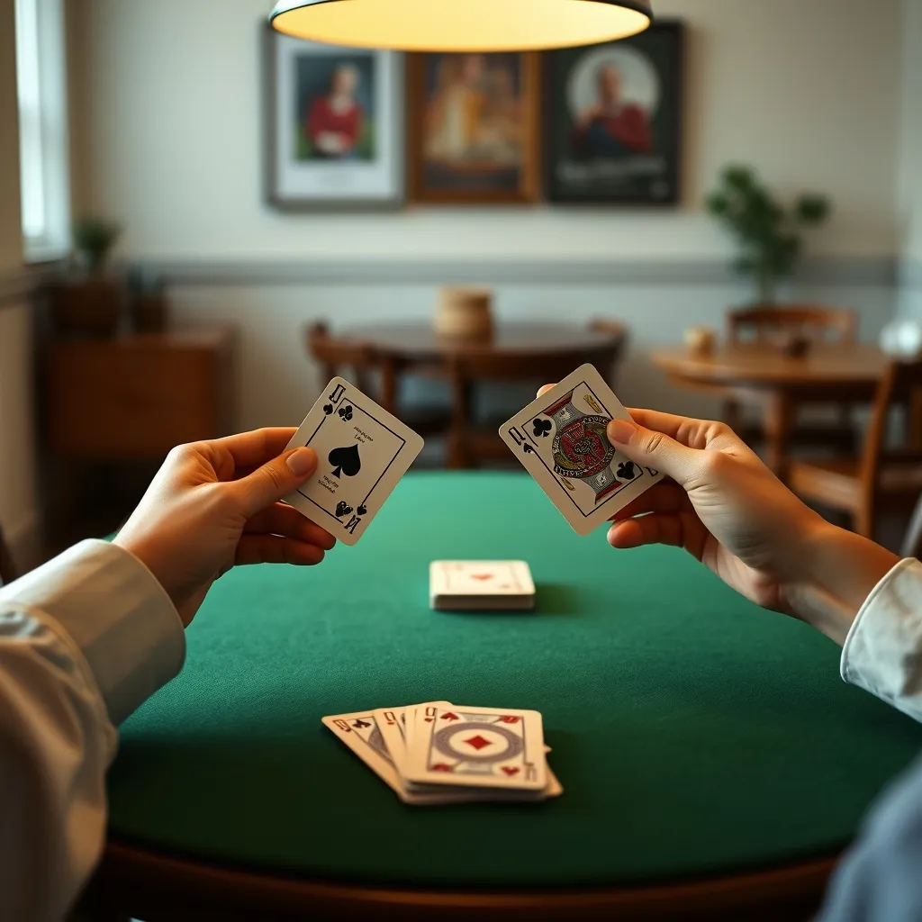 Dos jugadores enfrentados en una partida de brisca con sus tres cartas en mano