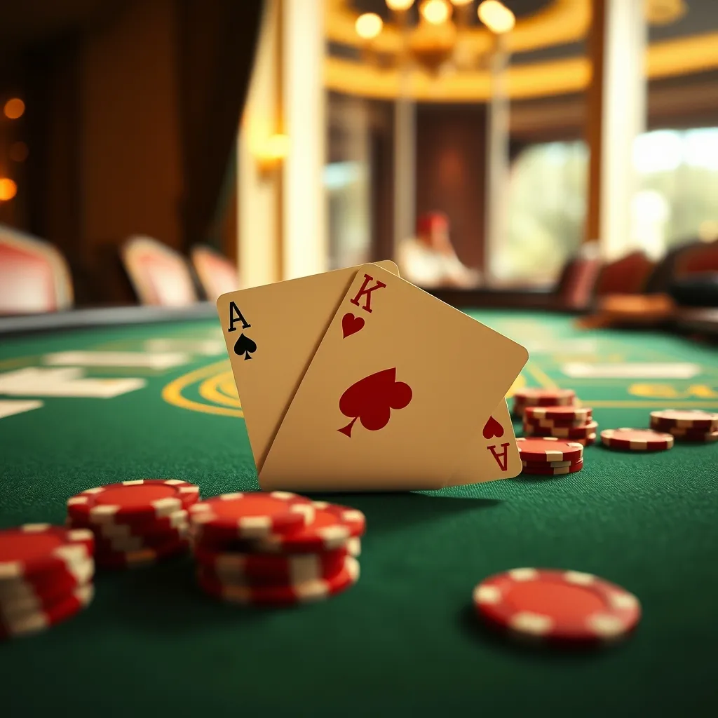 Mano de blackjack con as y rey sobre tapete verde de casino