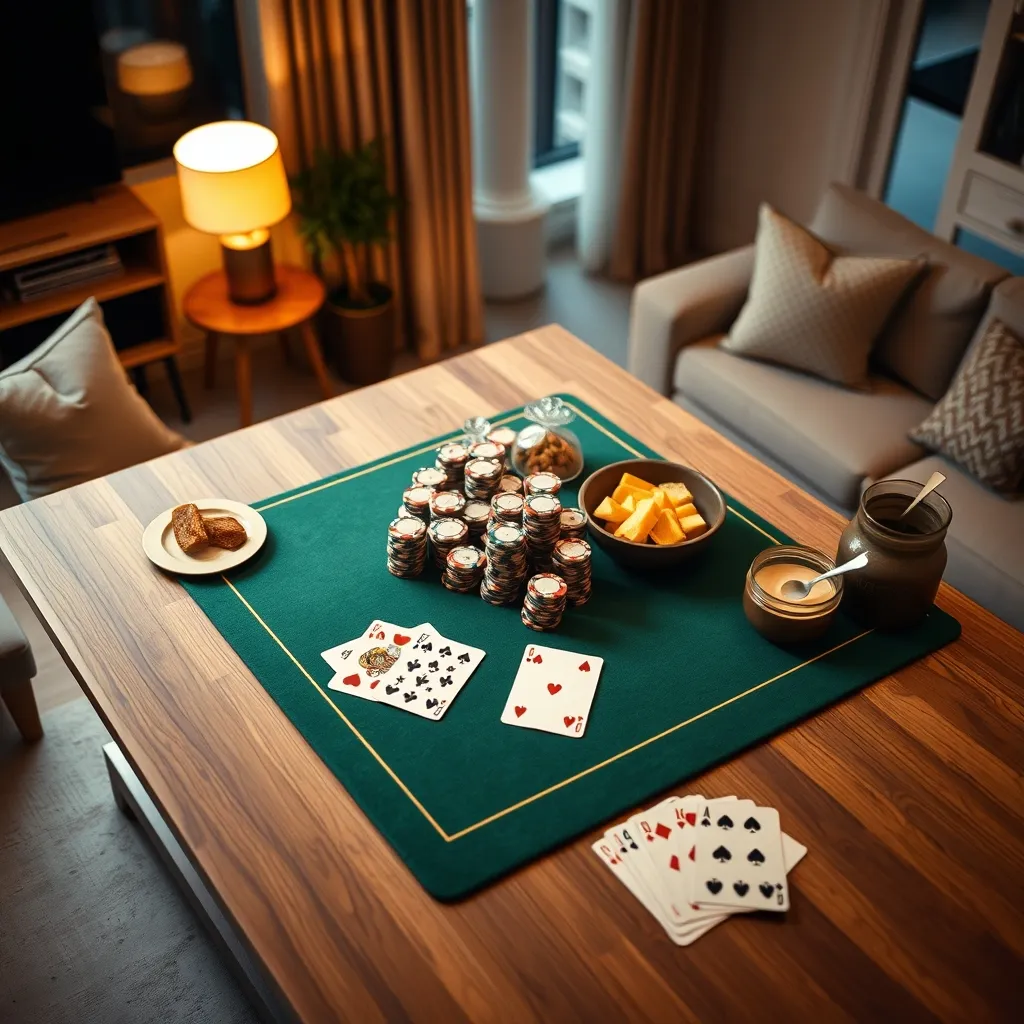 Preparación de una noche de casino casera con cartas y fichas