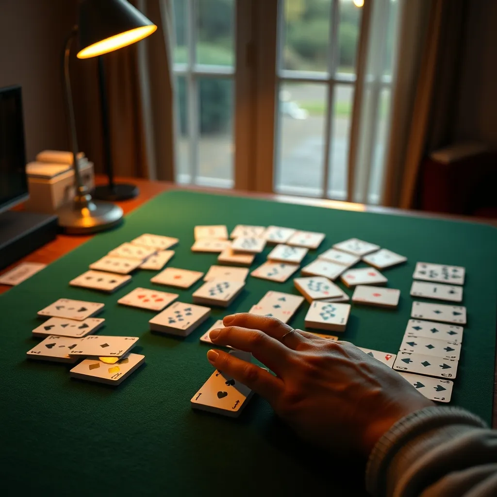 Manos colocando cartas en una partida de Spider solitario sobre tapete verde