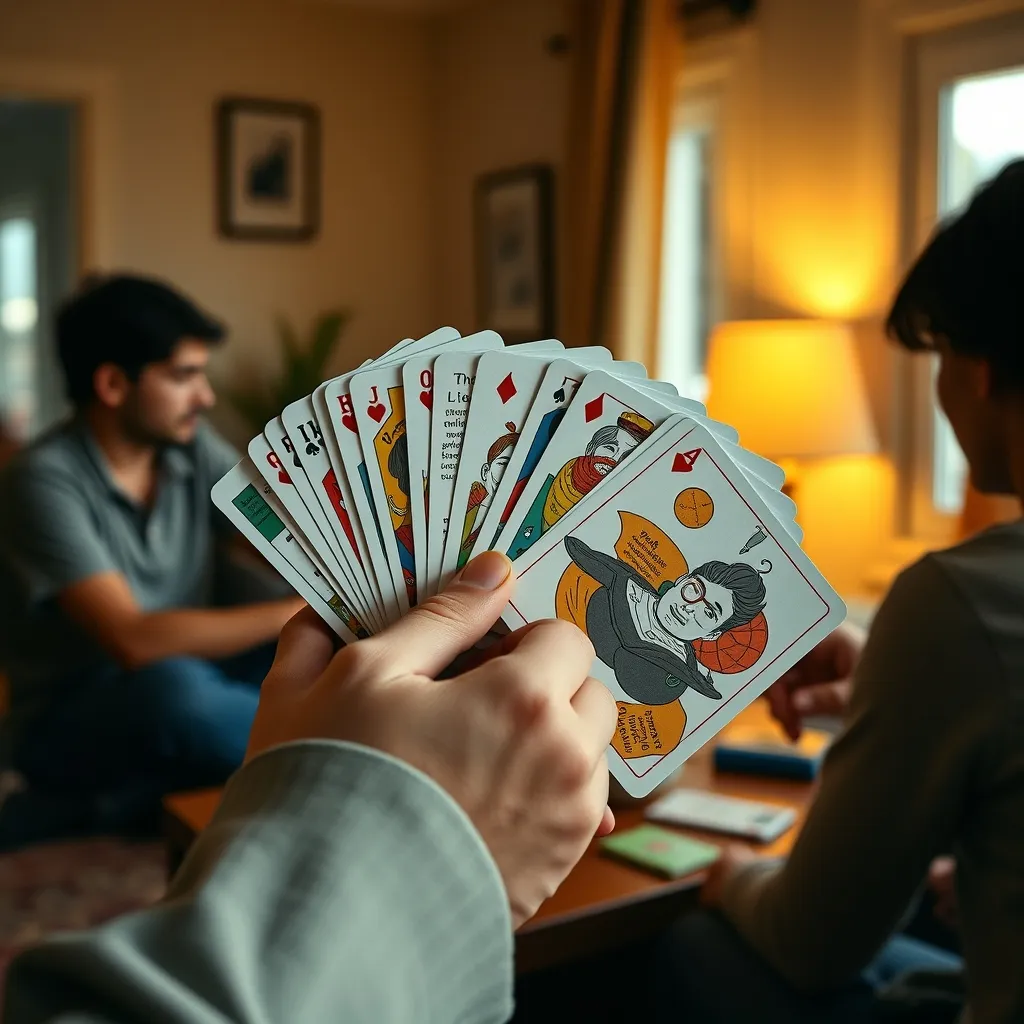 Mano de cartas de un juego moderno en inglés con ilustraciones coloridas