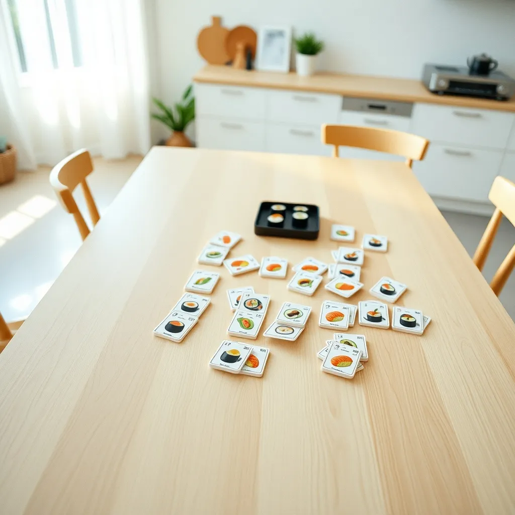 Partida de Sushi Go en curso con cartas de temática japonesa sobre la mesa