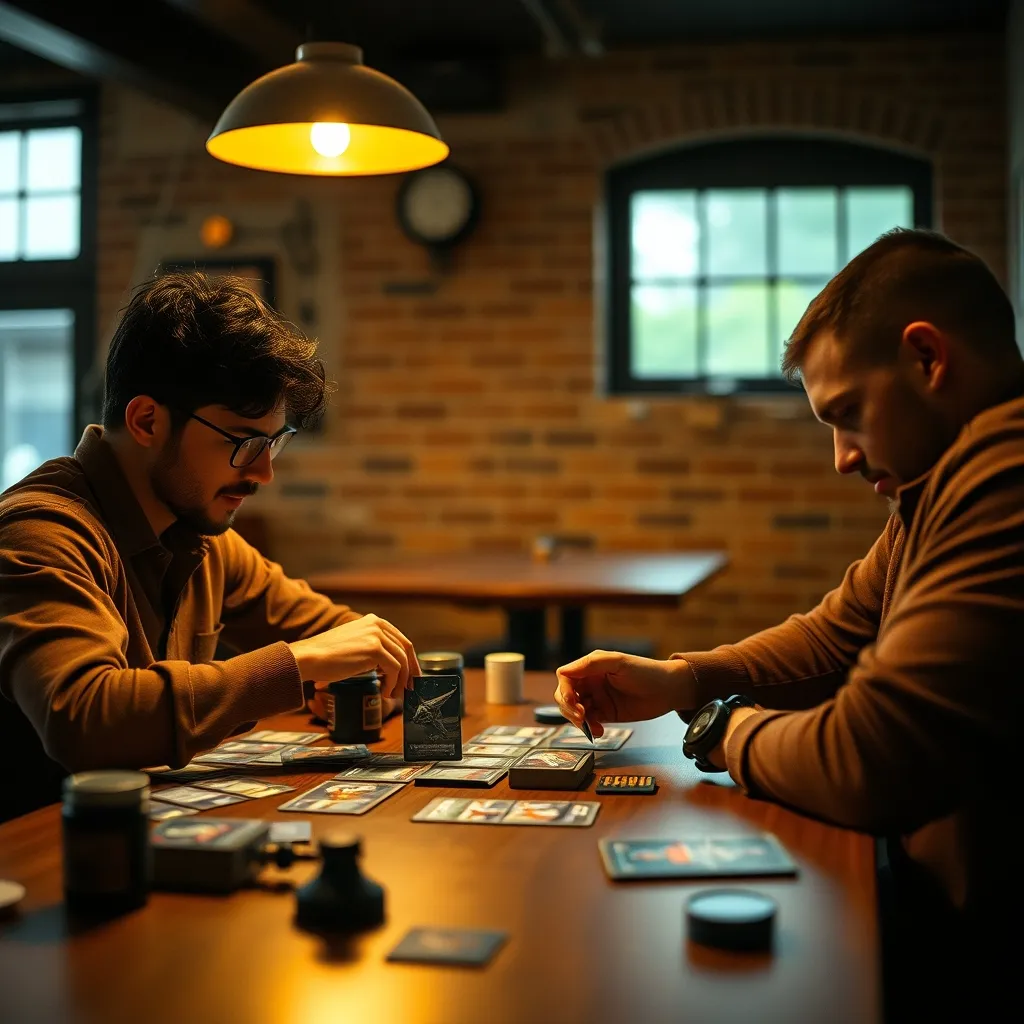 Dos jugadores enfrentados en una intensa partida de Star Realms en un game café