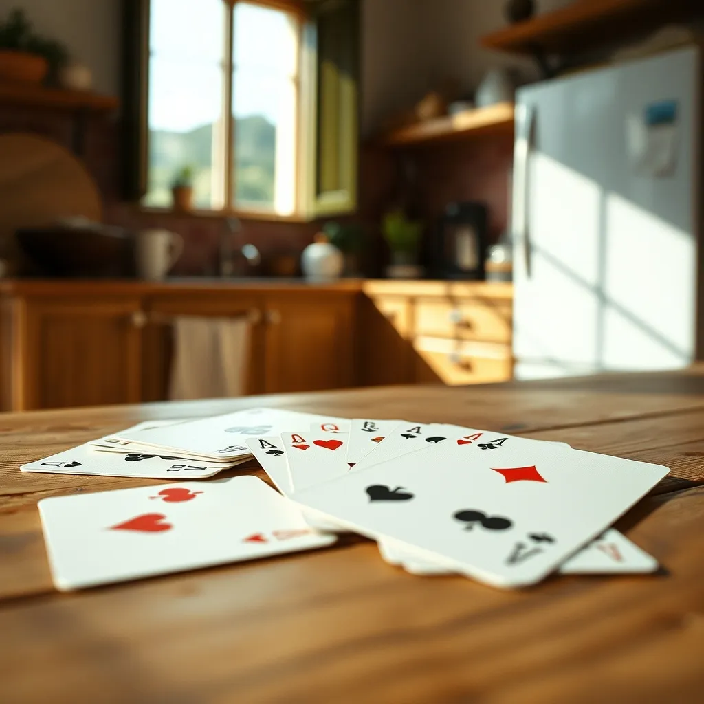 Baraja española desplegada sobre mesa de madera, mostrando los palos de oros y copas