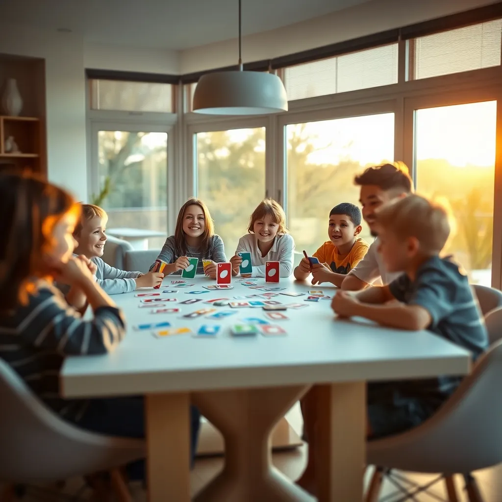 Familia jugando al Uno con niños alrededor de la mesa del comedor