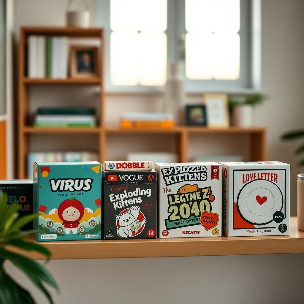 Colección de juegos de cartas modernos fáciles de aprender organizados en una estantería