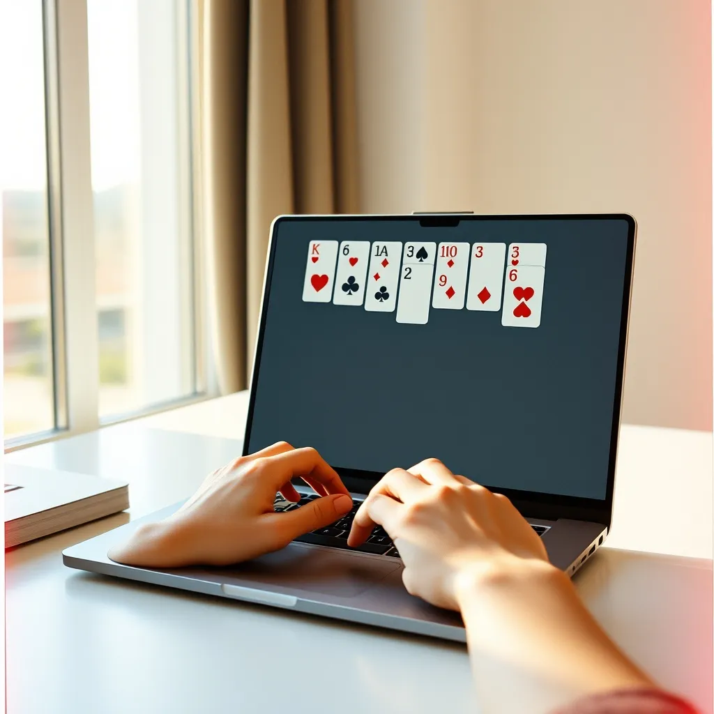 Partida de solitario online en el navegador de un portátil junto a una ventana