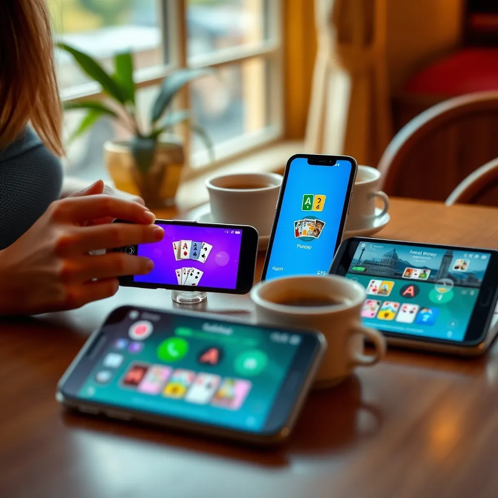 Varias apps de juegos de cartas gratis abiertas en smartphones sobre una mesa de cafetería