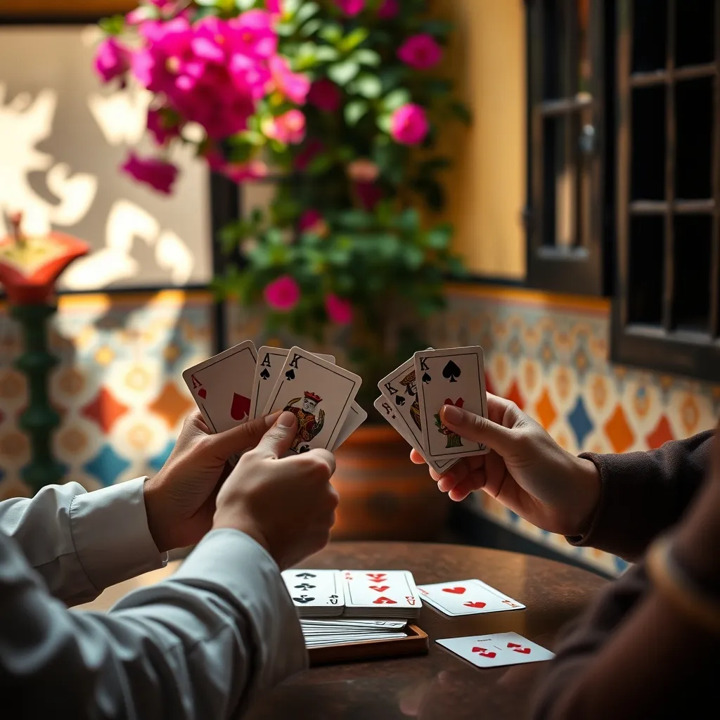 Partida de Malilla entre cuatro jugadores en un patio mexicano