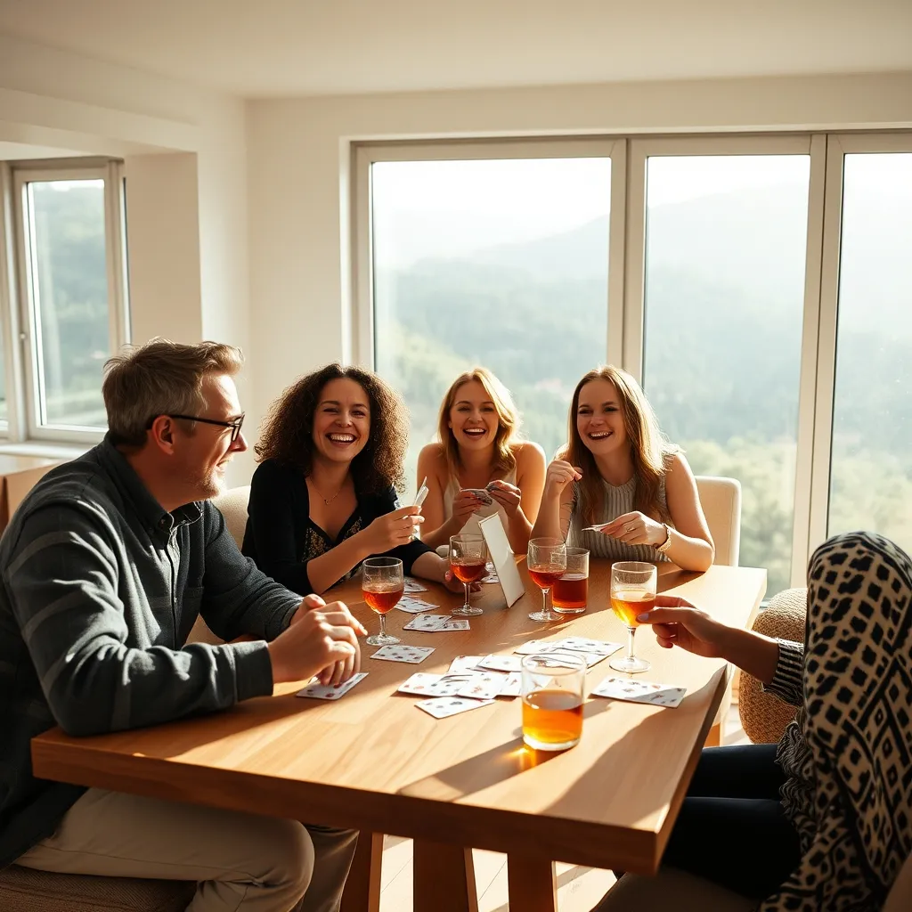 Grupo de amigos disfrutando de una partida de cartas en casa