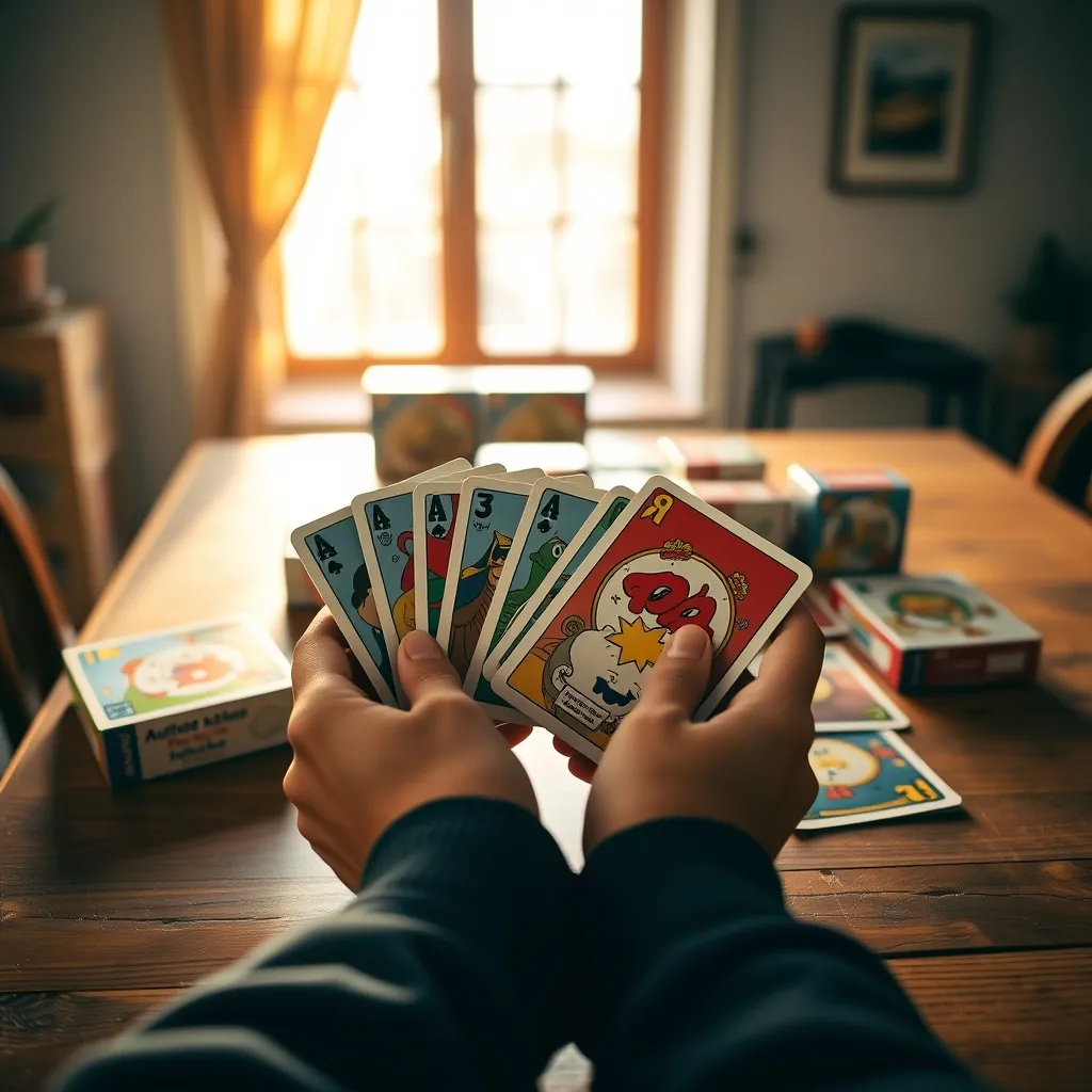 Manos sosteniendo cartas de juego con varias cajas de juegos de mesa al fondo