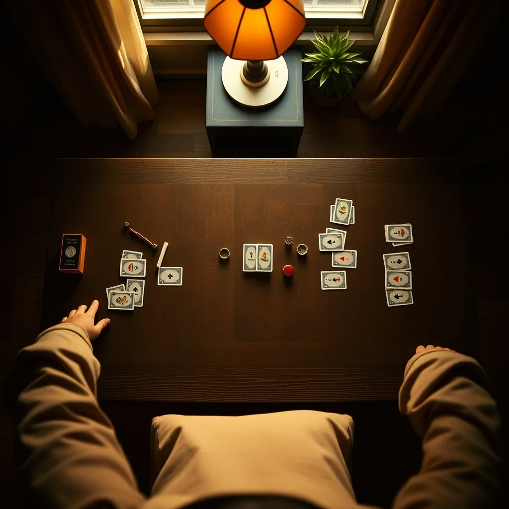 Vista cenital de una partida de cartas para dos preparada sobre mesa de madera