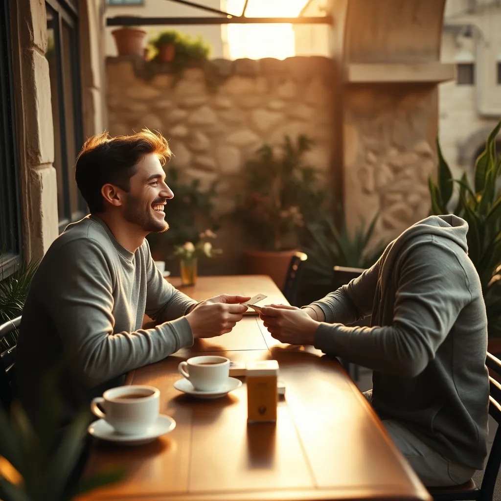 Pareja jugando a juegos de cartas en la terraza de un café con ambiente cálido