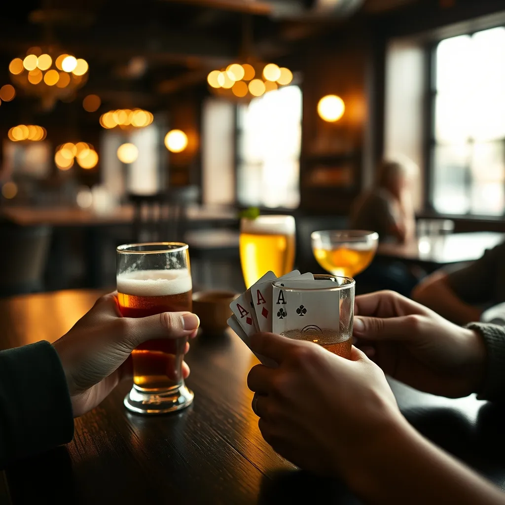 Cartas y bebidas preparadas sobre la mesa para una partida nocturna