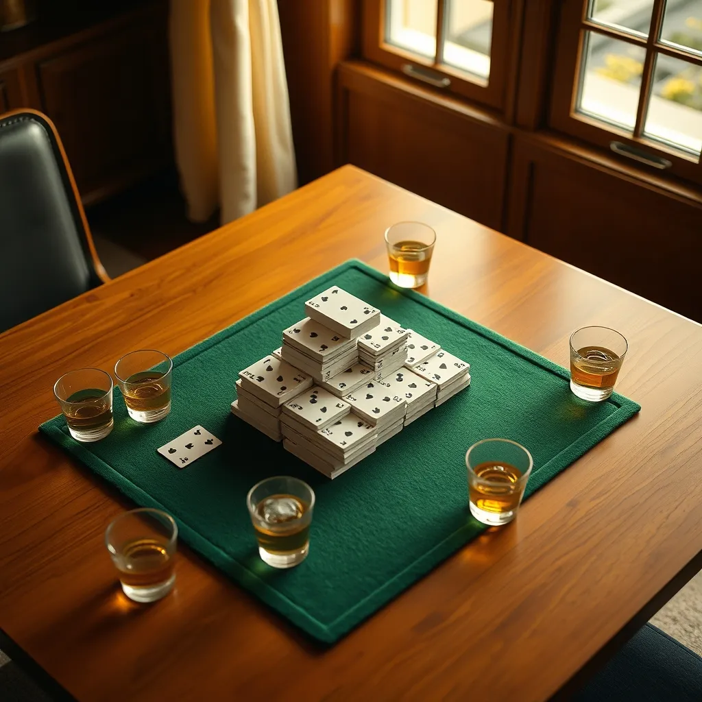 Disposición de cartas en pirámide lista para el juego de bebidas