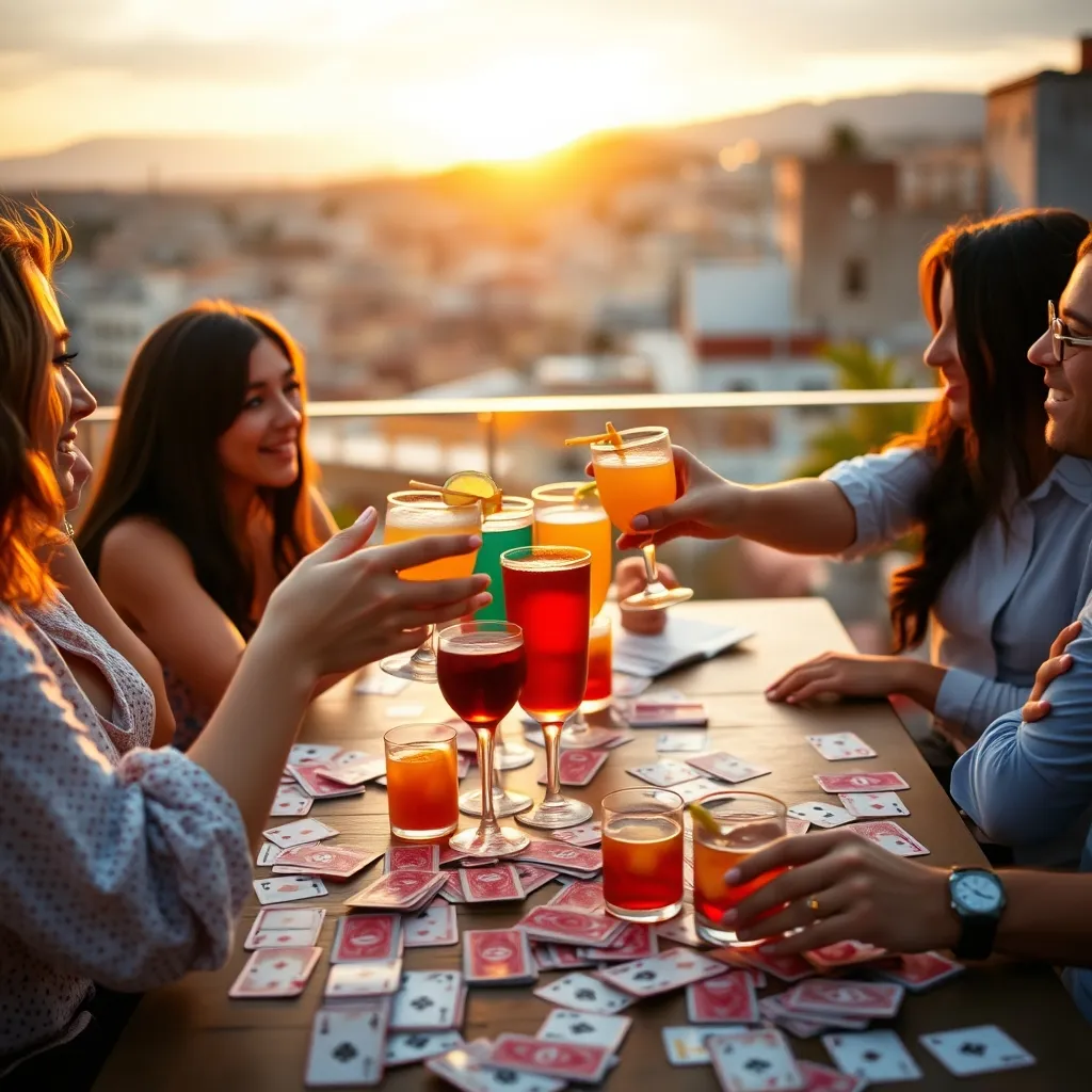 Brindis entre amigos con baraja española durante una fiesta en terraza