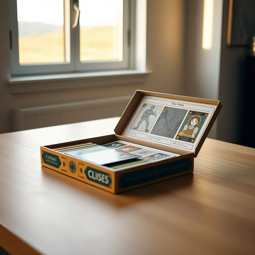 Contenido de una caja de juego de cartas con componentes y manual de reglas