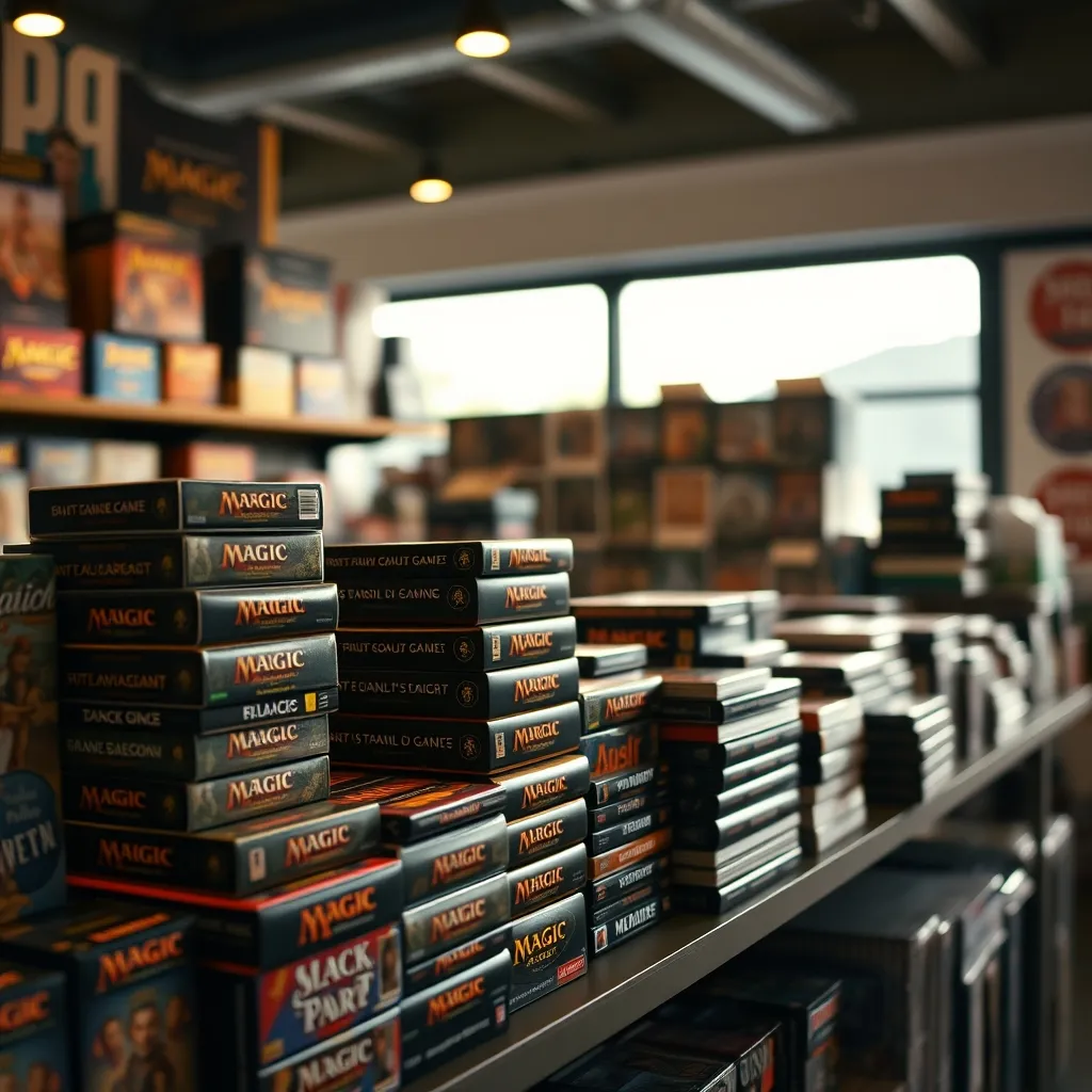 Colección de juegos de cartas y expansiones en una estantería de tienda especializada