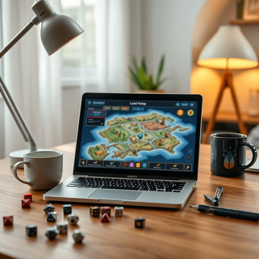 Pantalla de ordenador mostrando un tablero virtual de rol con mapa de fantasía y dados digitales