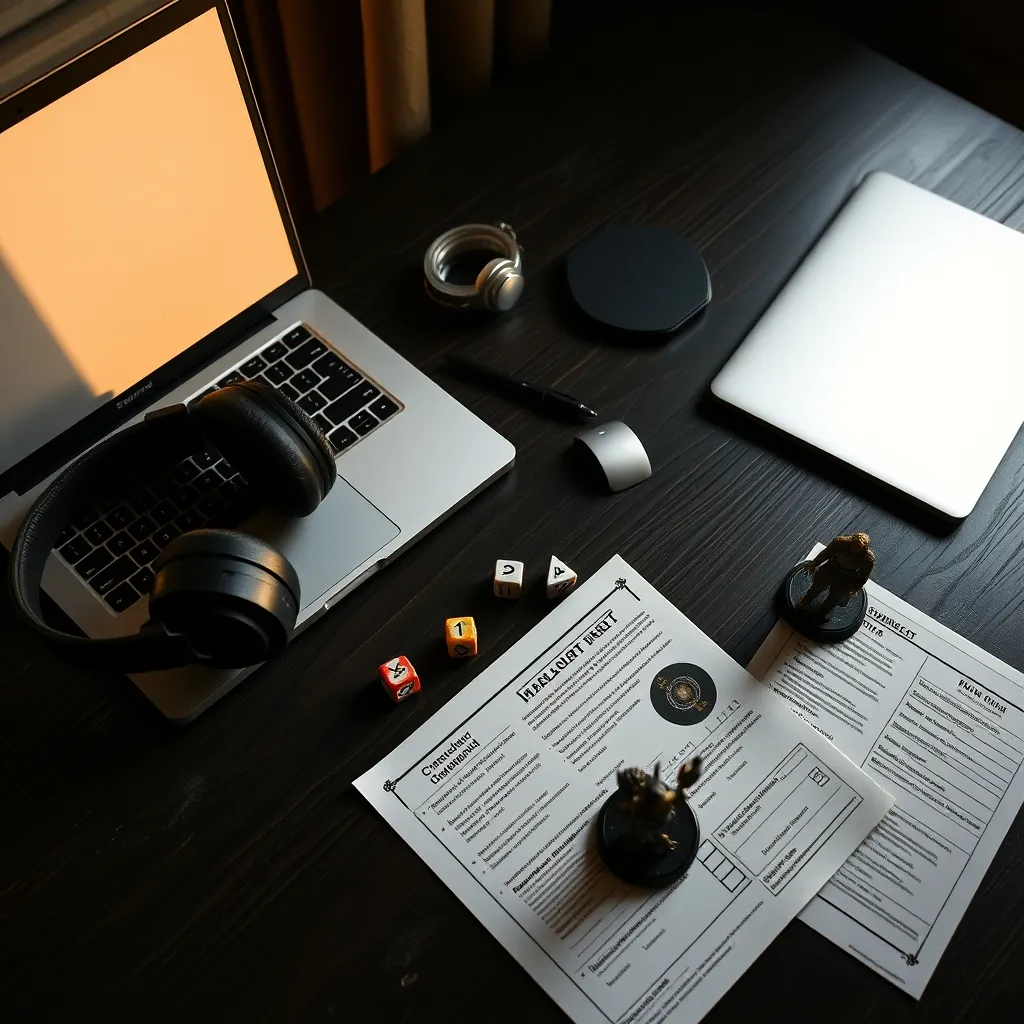 Vista cenital de los elementos esenciales para una sesión de rol online: auriculares, dados y hojas de personaje