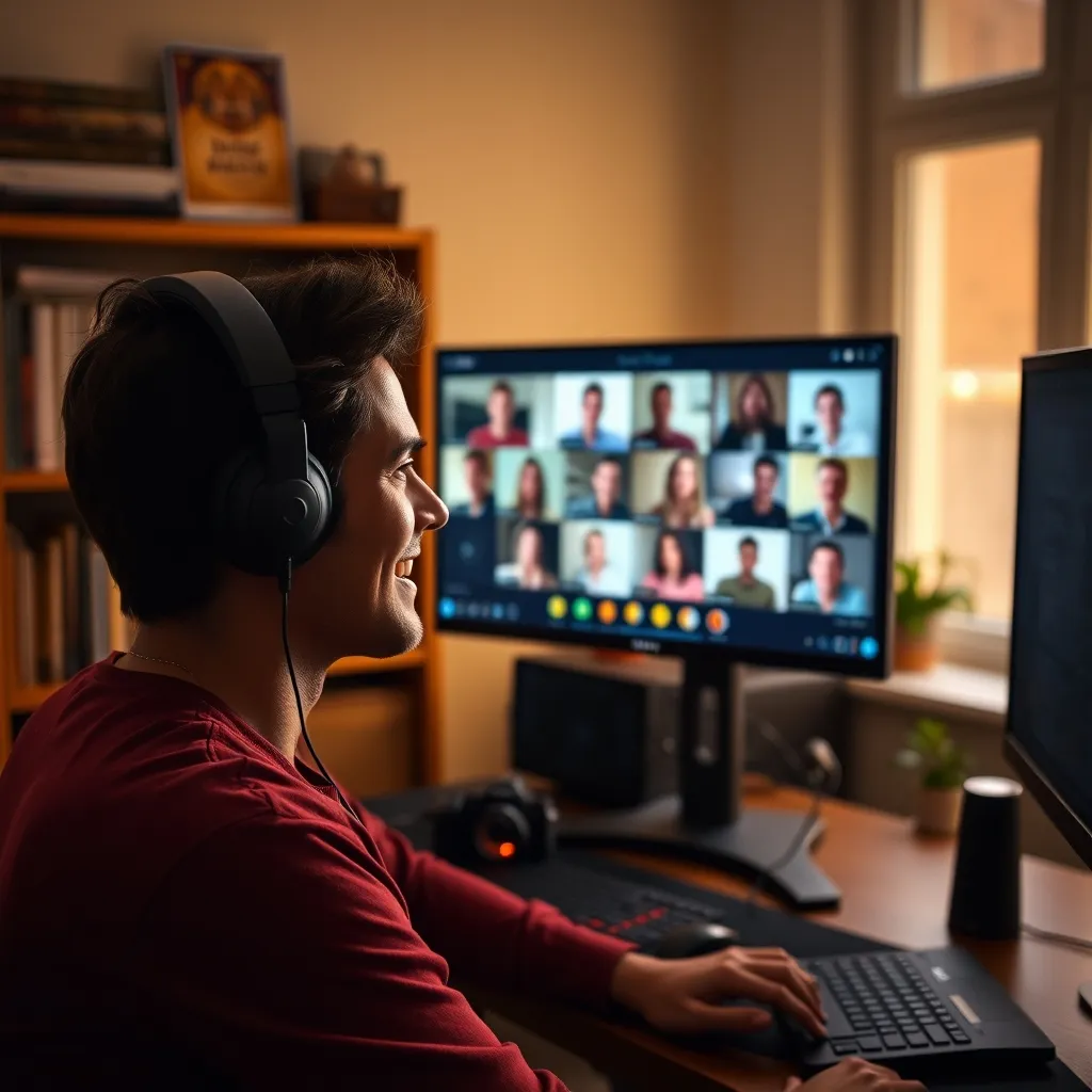 Jugador conectado a una videollamada de rol online con su grupo desde su escritorio en casa