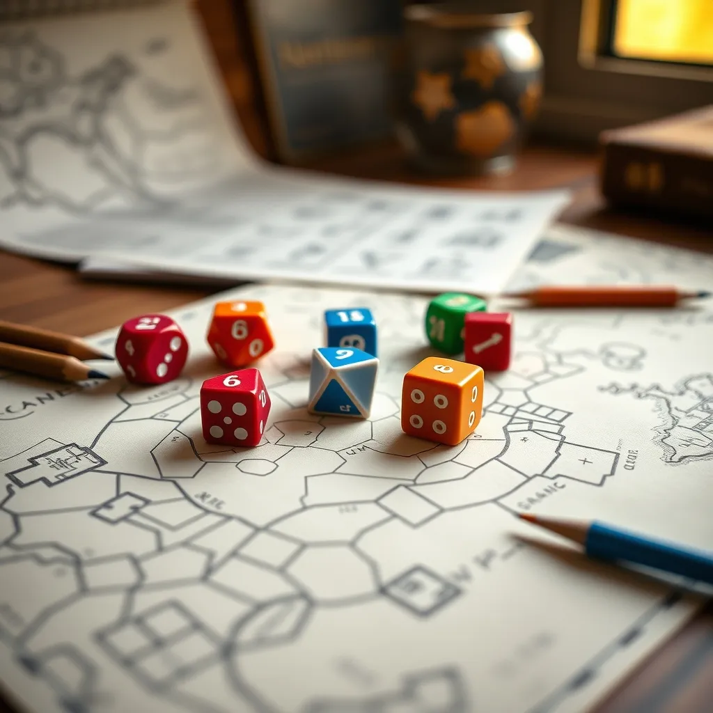 Dados poliédricos sobre un mapa de fantasía dibujado a mano, elementos esenciales del rol de mesa