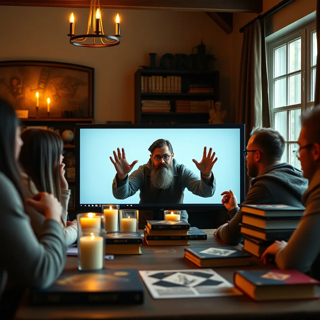 Un director de juego narrando una aventura detrás de su pantalla mientras los jugadores escuchan atentos