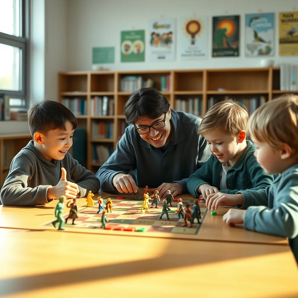 Niños jugando una partida de rol adaptada a su edad en un entorno educativo luminoso
