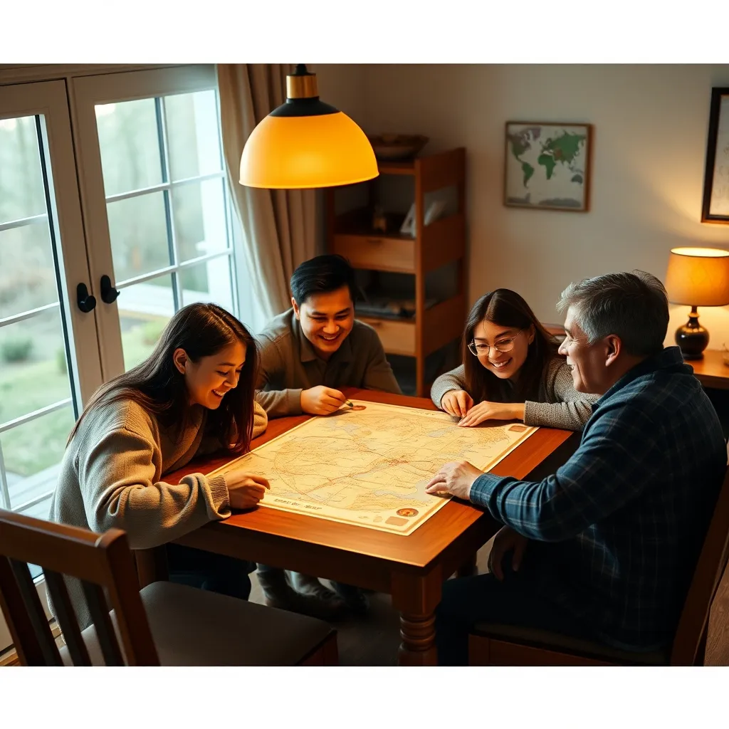 Familia jugando a un juego educativo de geografía durante la noche de juegos