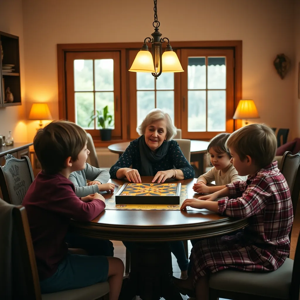 Una familia disfrutando de una partida al juego de la oca en casa